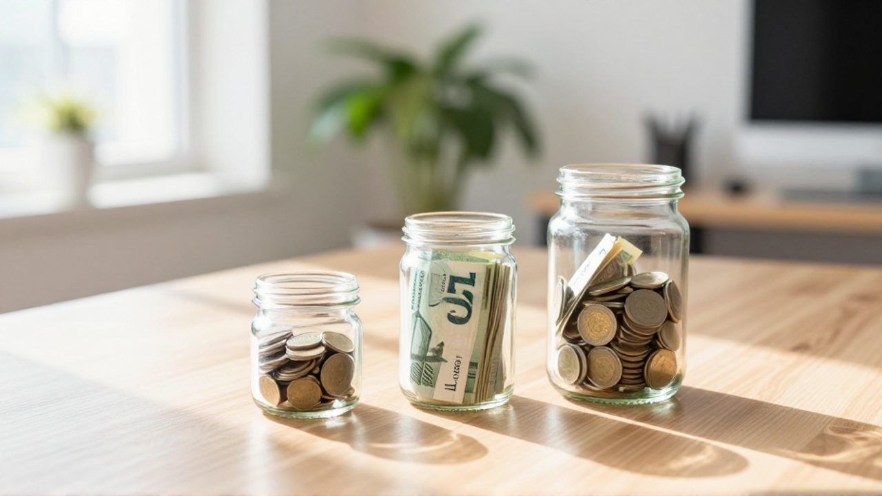 Tres frascos de vidrio de distintos tamaños con monedas y billetes dispuestos sobre un escritorio de madera para representar diferentes plazos de ahorro.