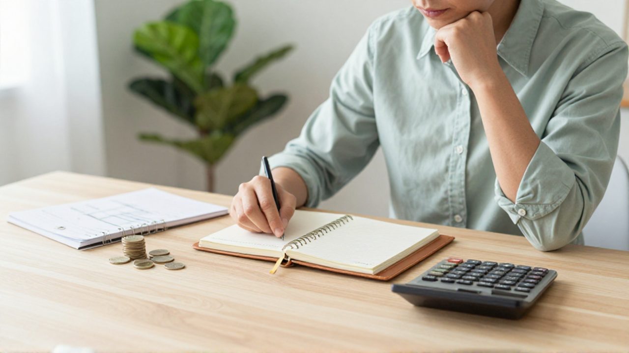 Persona organizando sus finanzas en un escritorio con una calculadora, un cuaderno de notas y una pequeña pila de monedas.