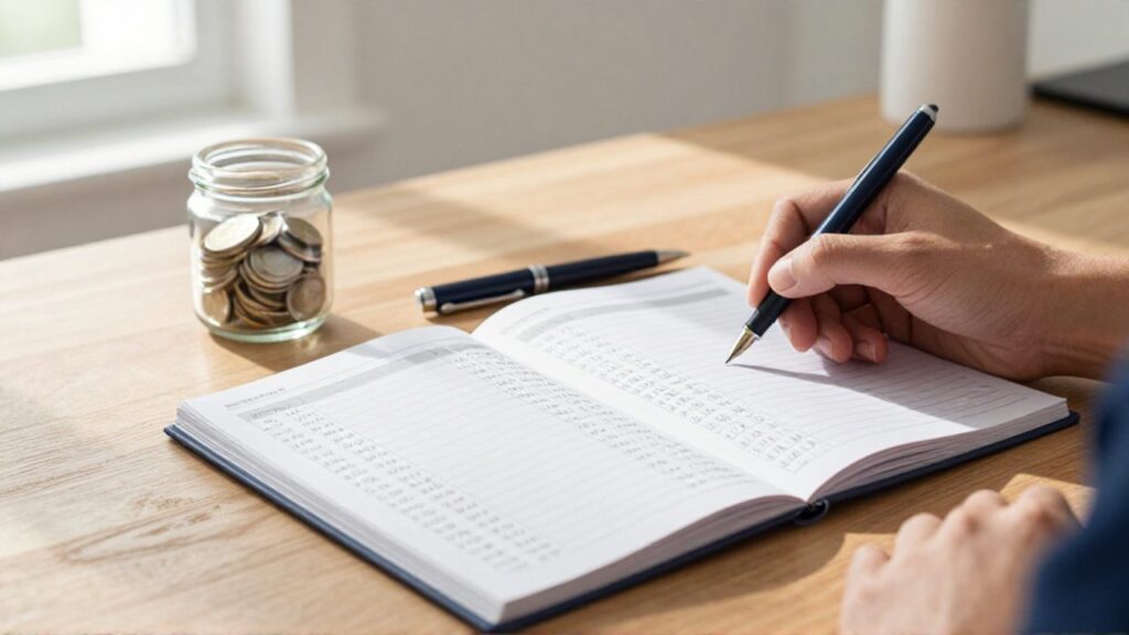Persona organizando metas financieras sobre un escritorio con un cuaderno de cálculos, una pluma y un pequeño frasco con monedas.