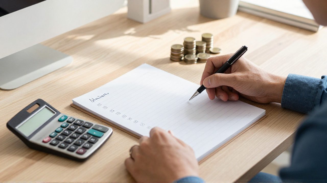 Manos organizando un cuaderno con listas de control, una calculadora y monedas sobre un escritorio, simbolizando la planificación financiera.