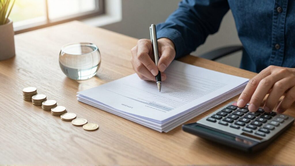 Manos organizando documentos financieros y una calculadora sobre un escritorio de madera, junto a una pequeña pila de monedas.