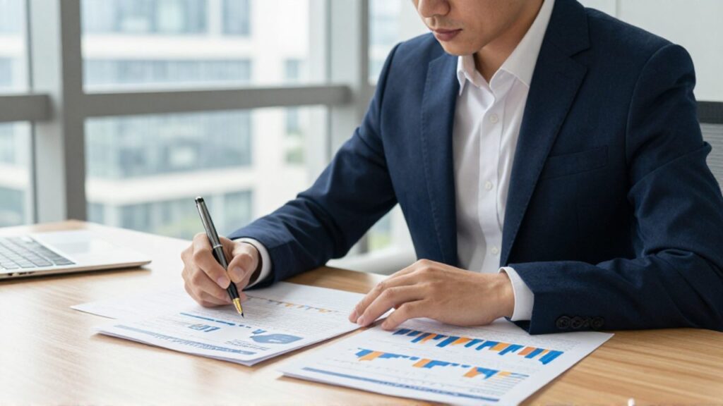 Analista financiero revisando informes y gráficos de tasas de interés sobre un escritorio en una oficina moderna.
