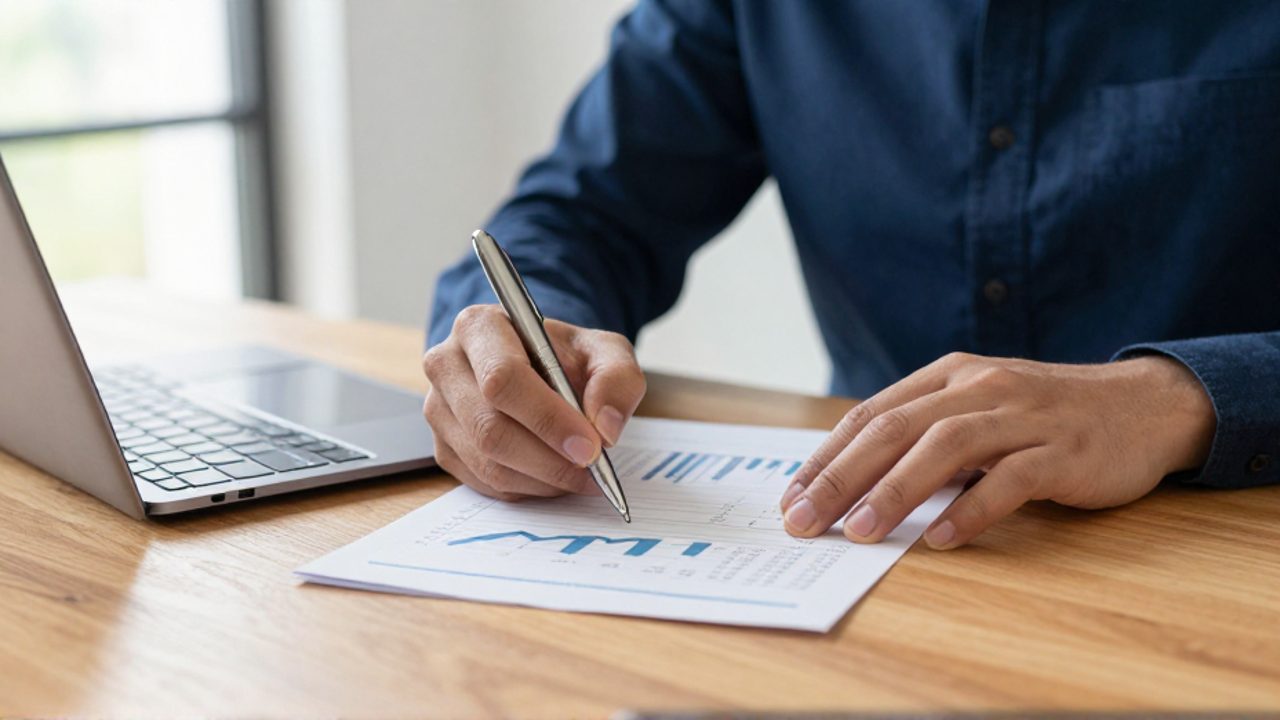 Primer plano de las manos de un trabajador revisando un informe de desempeño financiero con gráficos de crecimiento sobre un escritorio de madera.