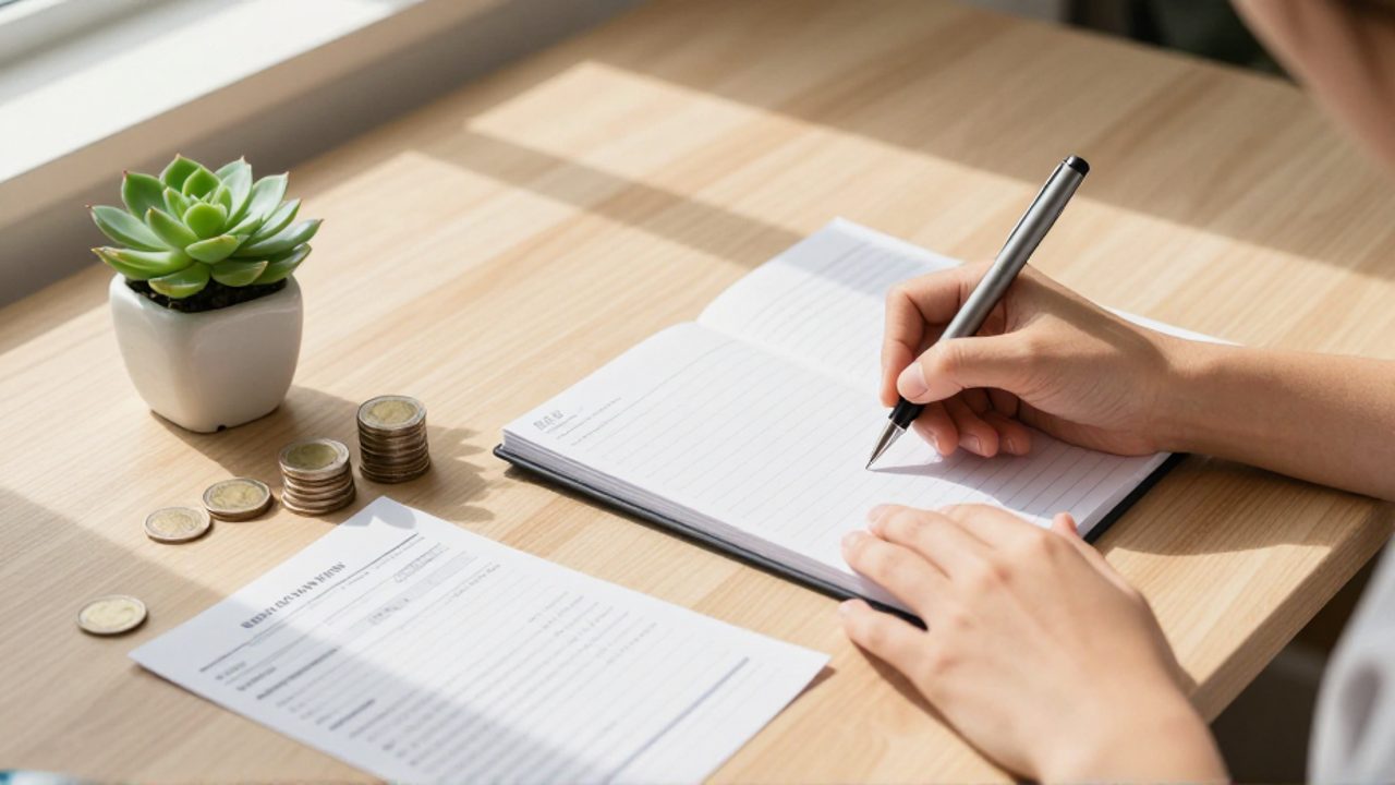 Manos organizando una agenda, monedas y un estado de cuenta sobre un escritorio de madera para planificar finanzas personales.