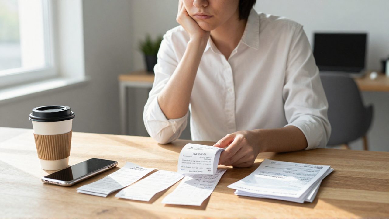 Persona confundida frente a una mesa desordenada que mezcla facturas de servicios básicos con artículos de lujo y gadgets.