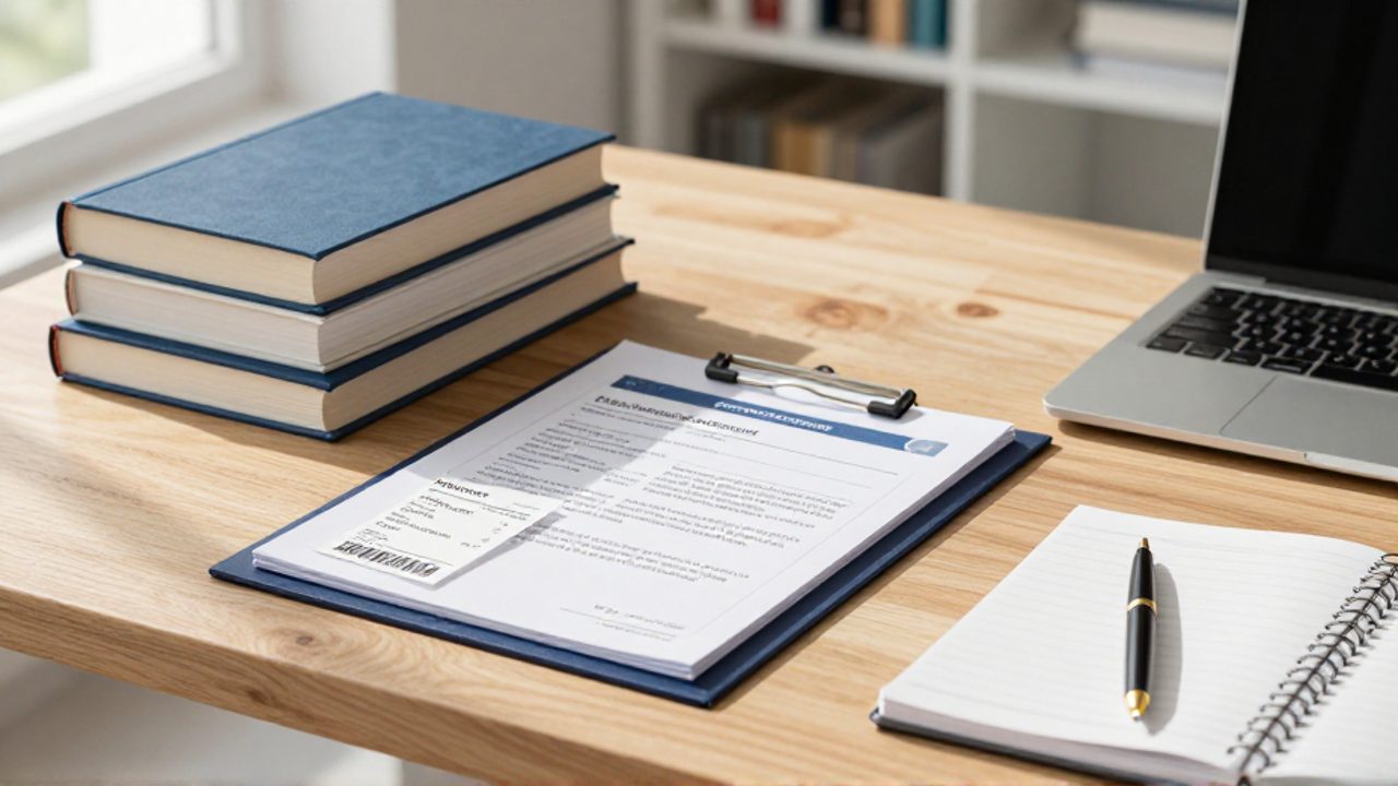 Escritorio de estudio con libros, un portátil y una carpeta organizada con recibos y comprobantes de gastos.