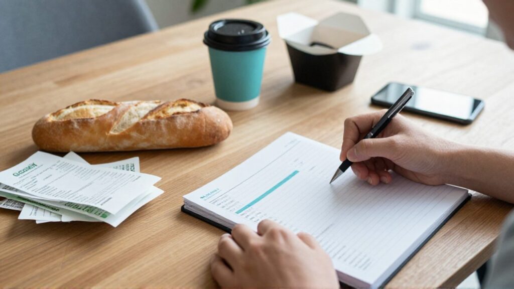 Una persona organiza sus gastos sobre una mesa de madera, separando facturas y alimentos básicos de artículos de consumo como café y comida para llevar.