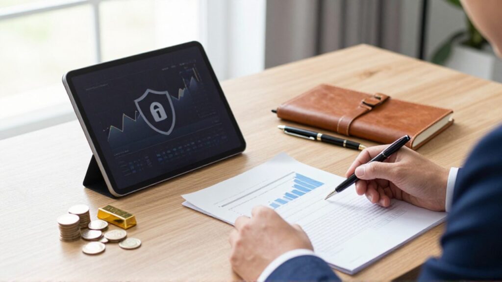 Escritorio de oficina con una tableta que muestra gráficos de crecimiento y un icono de seguridad junto a documentos financieros, monedas y un lingote de oro.
