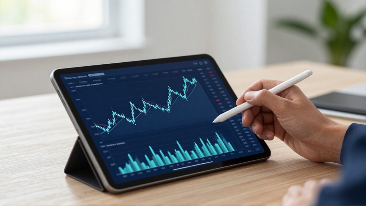 Un inversor utiliza un lápiz digital para analizar gráficos de barras y líneas en una tableta, evaluando la volatilidad y el crecimiento financiero.