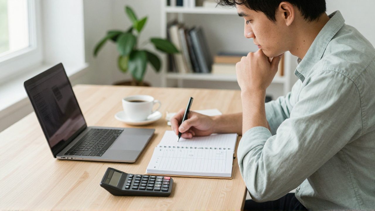 Profesional freelance sentado frente a un escritorio luminoso, tomando notas en una libreta y usando un ordenador para planificar sus horas de trabajo.