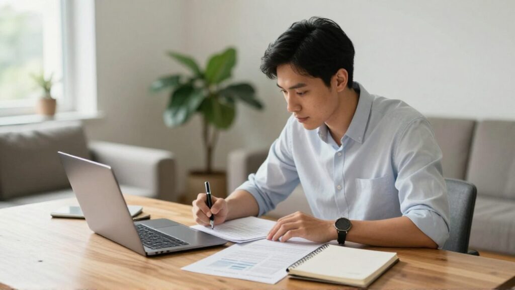 Un profesional freelance analiza documentos financieros y utiliza un ordenador en un escritorio luminoso de su oficina en casa.