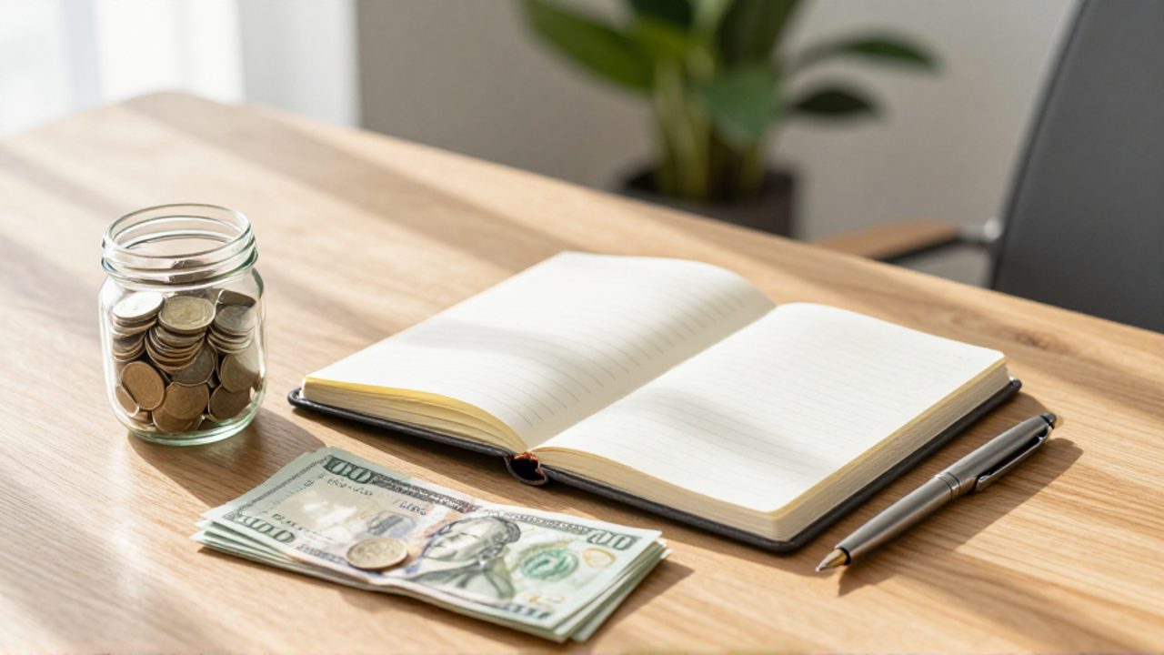 Persona organizando sus finanzas sobre un escritorio con un cuaderno, una pluma y un pequeño montón de billetes junto a un frasco con monedas.