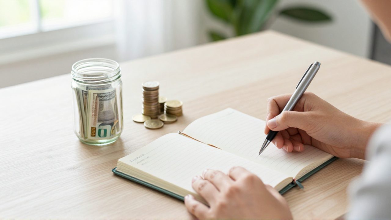 Manos organizando un escritorio con un planificador, monedas apiladas y un frasco con billetes para representar la planificación de ahorros.