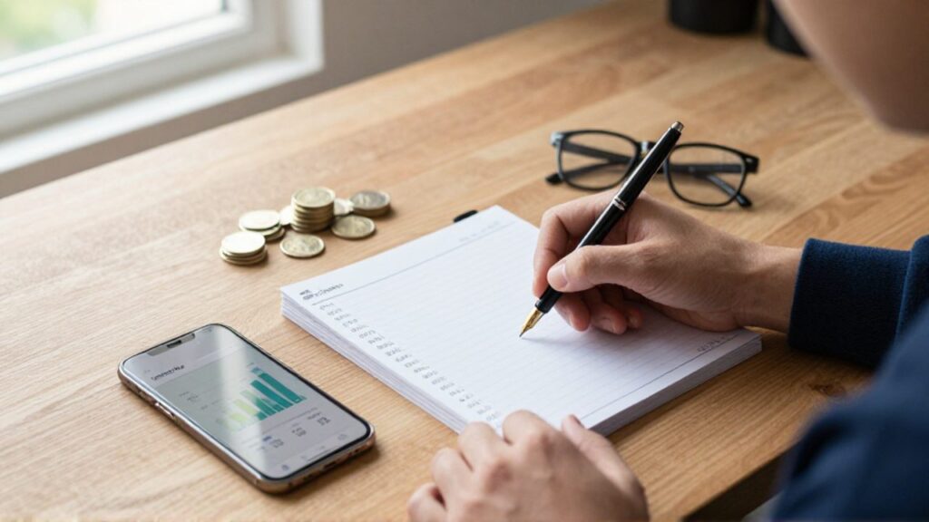 Manos escribiendo cifras en un planificador sobre un escritorio organizado junto a un smartphone con un gráfico de progreso de ahorros y una pila de monedas.