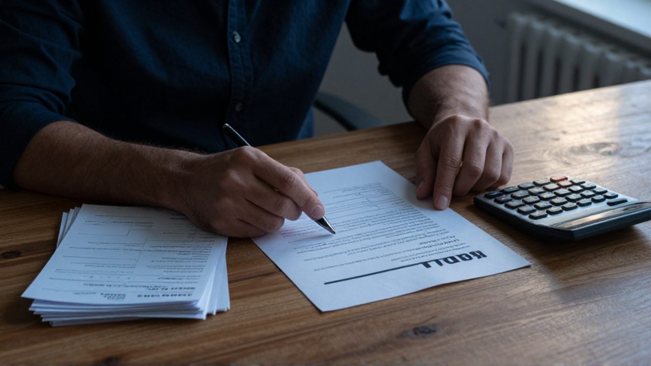 Manos nerviosas sujetando un contrato de préstamo y una calculadora junto a facturas sin pagar sobre un escritorio.