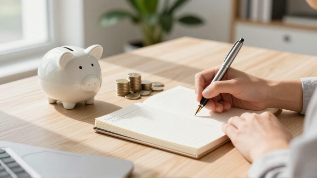 Manos organizando una agenda junto a una pequeña alcancía y monedas sobre un escritorio despejado.