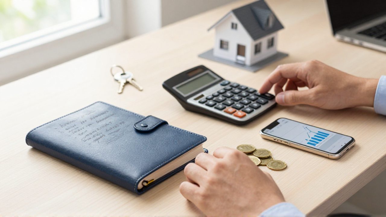 Manos organizando activos financieros como un cuaderno con anotaciones, monedas de oro, un smartphone con un gráfico de crecimiento y llaves de una casa sobre un escritorio de madera.