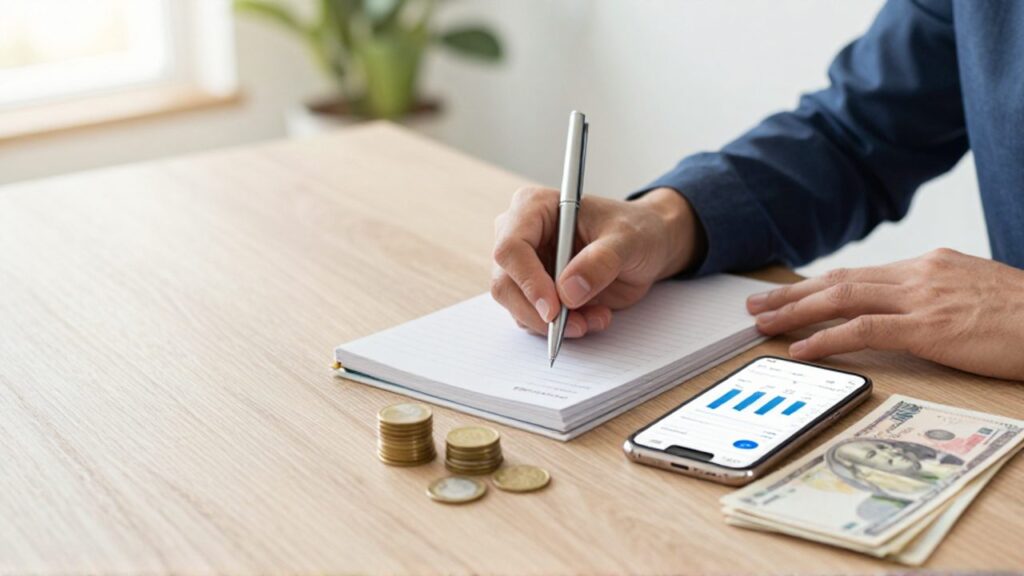 Manos de una persona anotando en un planificador junto a un smartphone con gráficos financieros, monedas y billetes sobre un escritorio de madera.