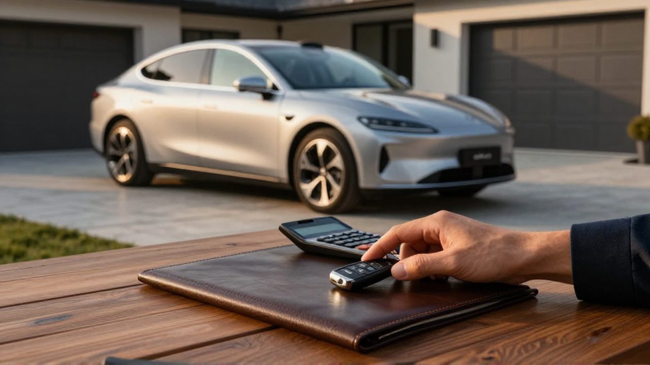 Manos sobre llaves de auto, una carpeta y una calculadora en una mesa de madera frente a un sedán plateado, simbolizando la preparación financiera para el enganche.