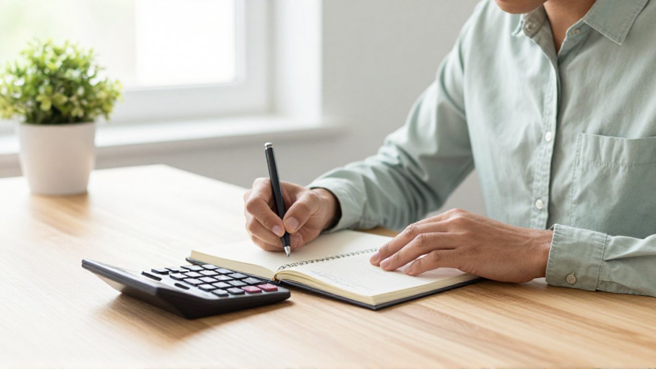 Una persona reflexiona concentrada frente a su cuaderno de notas y una calculadora en un escritorio ordenado y luminoso.