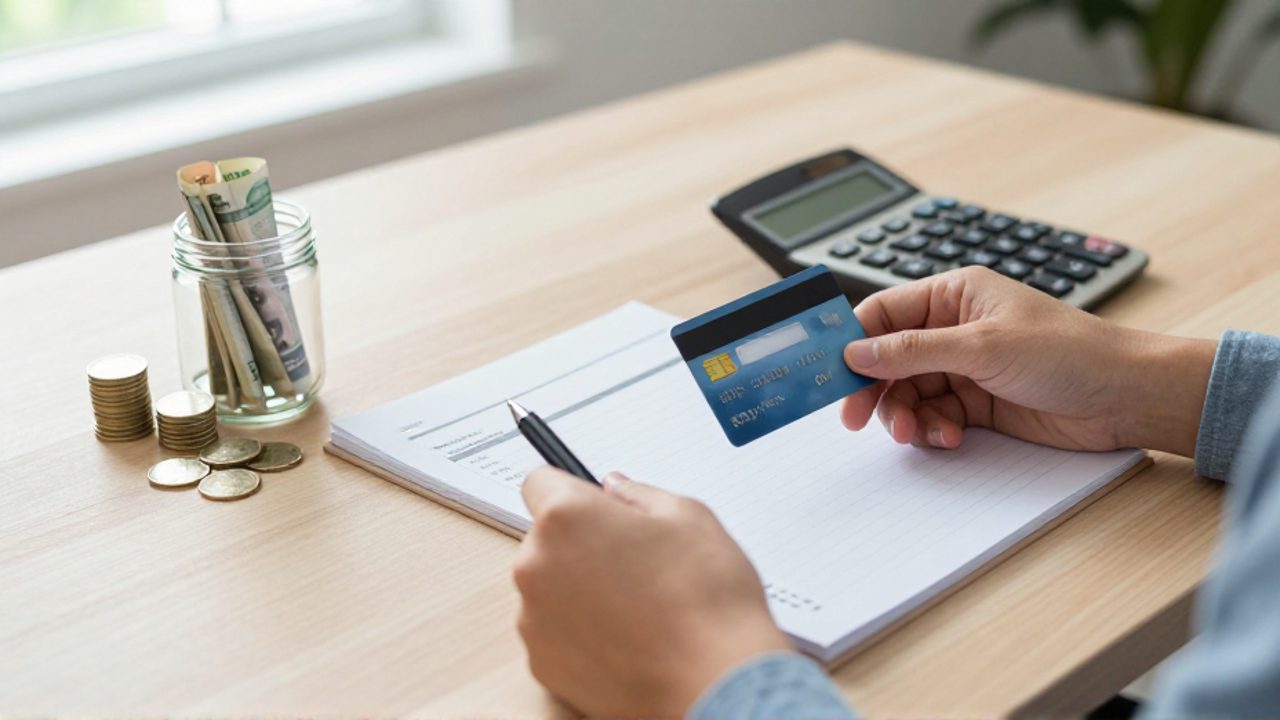 Una persona organiza sus finanzas personales anotando un presupuesto en papel junto a una tarjeta de crédito, una calculadora y ahorros en efectivo sobre un escritorio.