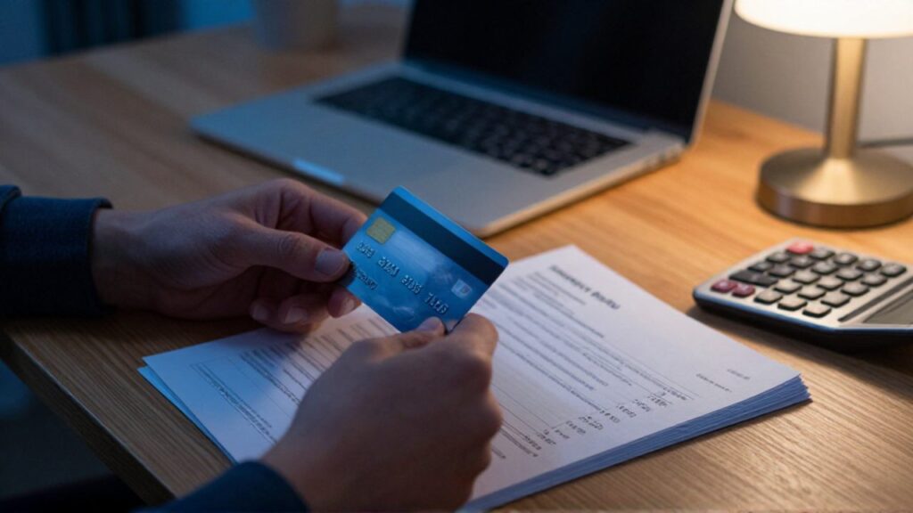 Persona sosteniendo una tarjeta de crédito sobre una pila de estados de cuenta bancarios y una calculadora en un escritorio.