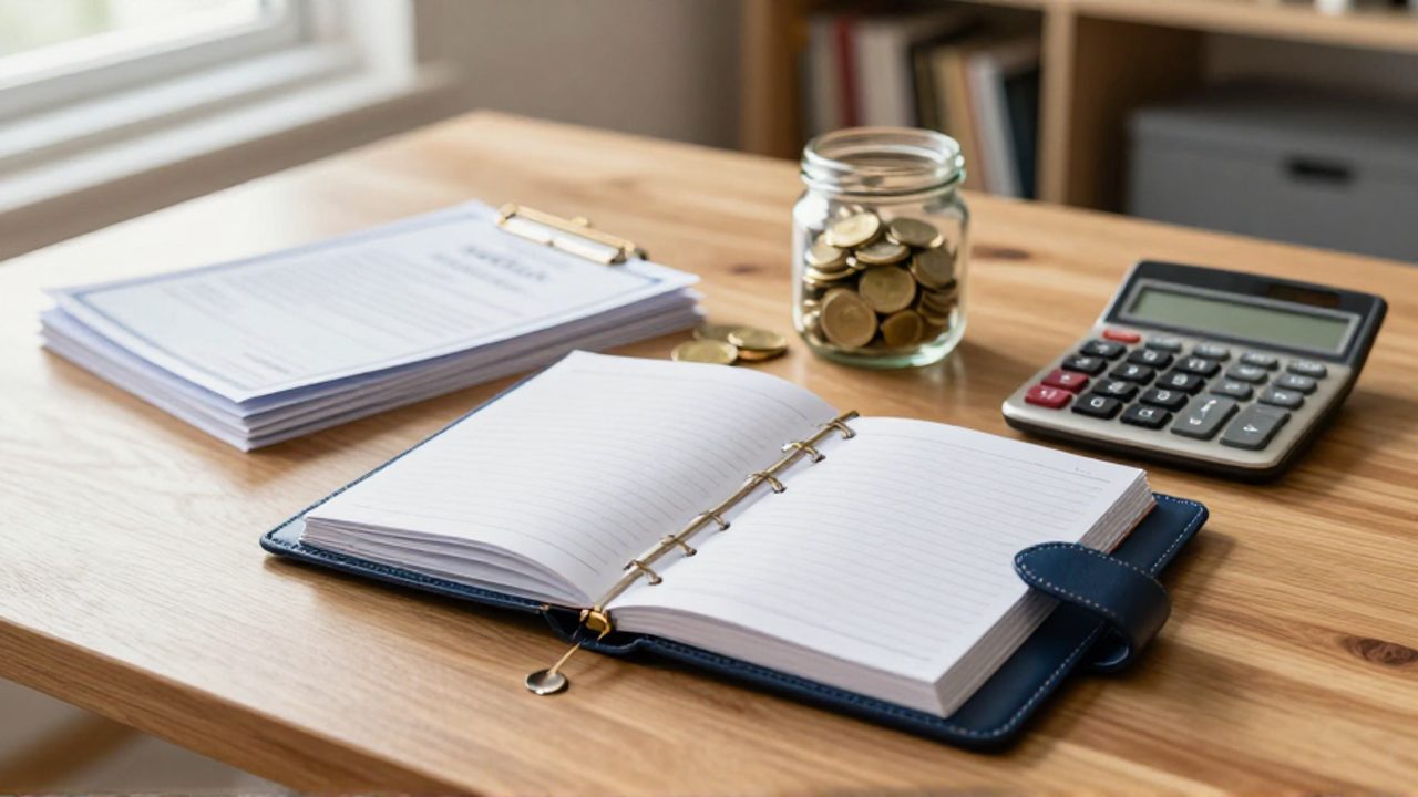 Un escritorio ordenado con una agenda, certificados, una calculadora y monedas de oro, que simbolizan la organización y seguridad financiera.