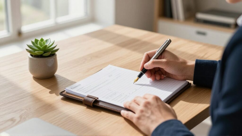 Persona organizando un plan financiero sobre un escritorio de madera con un cuaderno de anotaciones, una pluma y una pequeña planta en un entorno de oficina luminoso.