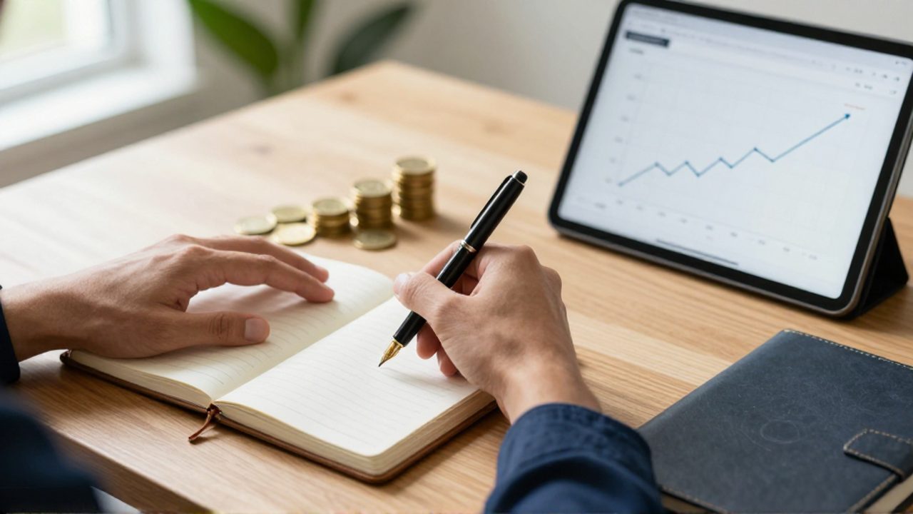 Manos escribiendo en una agenda junto a una pila de monedas de oro y una tableta con un gráfico de crecimiento financiero en un escritorio iluminado.
