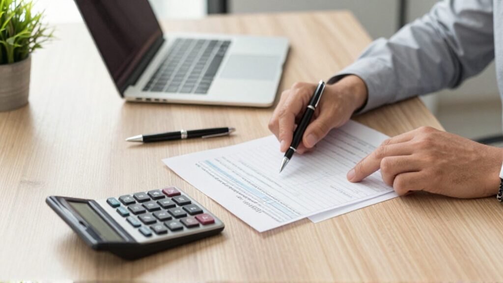 Manos revisando un recibo de nómina y una calculadora sobre un escritorio de madera.