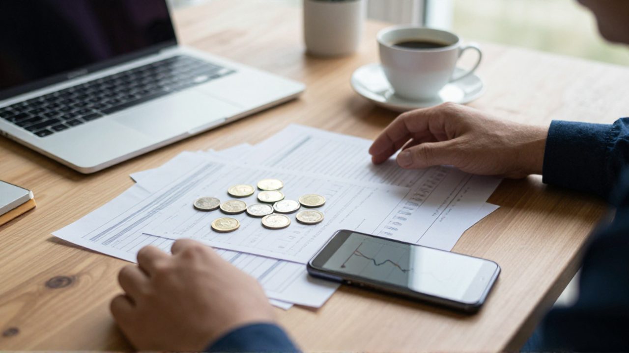 Manos de una persona que se aproximan con duda a una pila desordenada de documentos financieros y monedas sobre un escritorio, junto a un móvil que muestra un gráfico con tendencia a la baja.