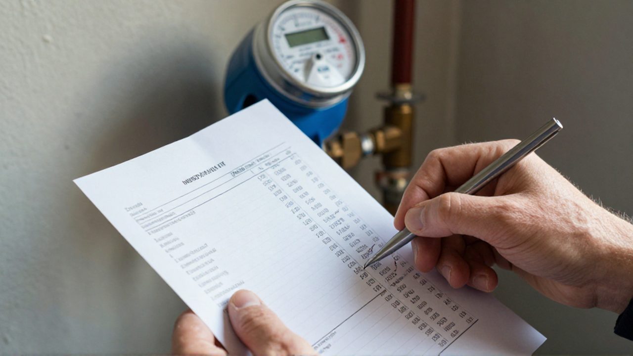Persona comparando los números de una factura de agua con la lectura de un contador mecánico en una habitación de servicios.