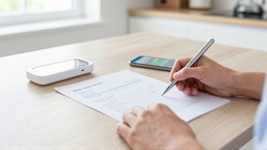 Una persona revisa detalladamente una factura de agua con un bolígrafo sobre una mesa de madera, junto a un smartphone que muestra un gráfico de consumo.