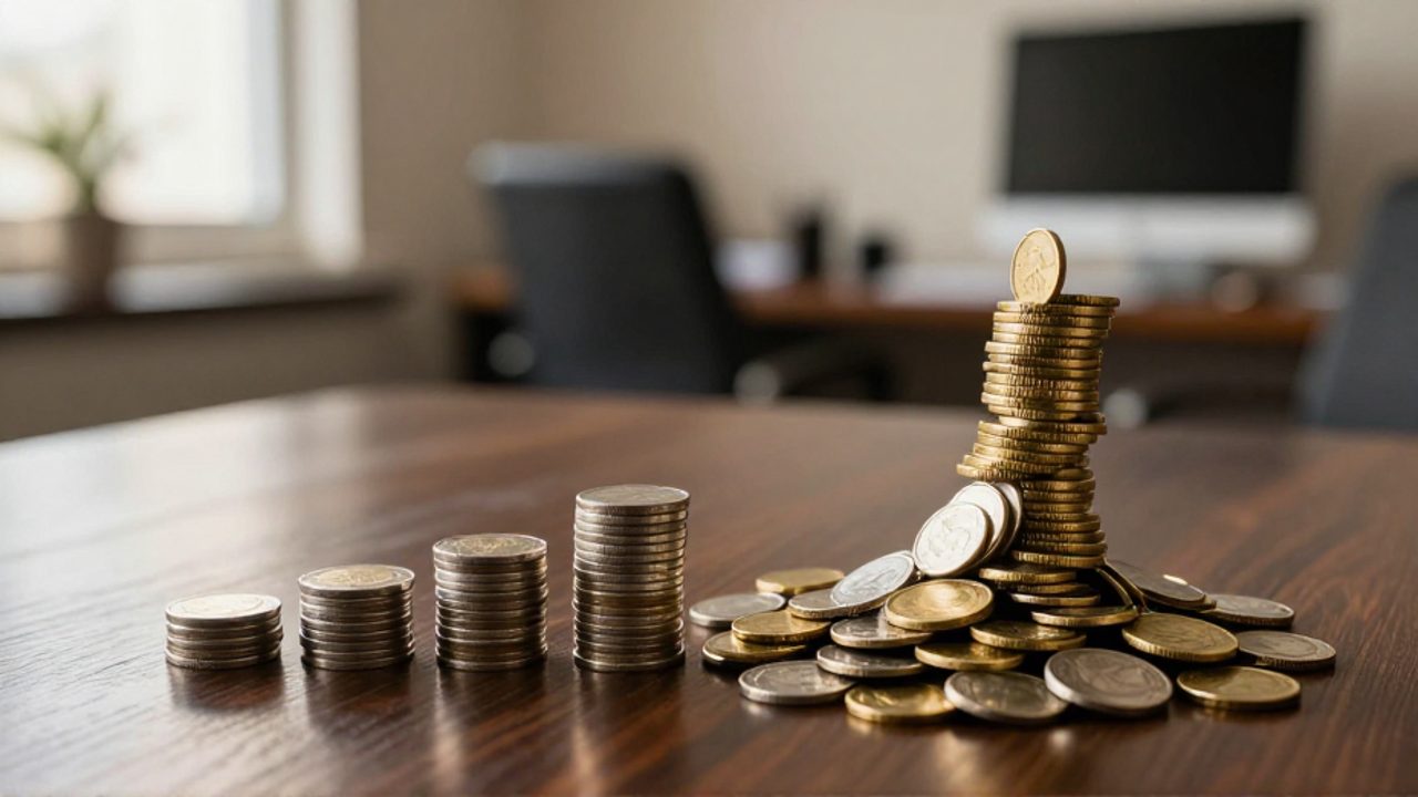 Comparación de dos pilas de monedas sobre un escritorio: una pequeña y recta que representa el interés simple frente a una gran espiral ascendente que simula el crecimiento exponencial del interés compuesto.