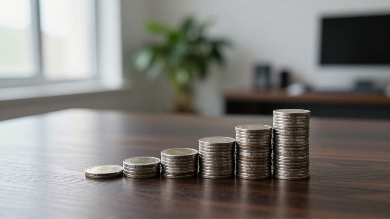 Monedas de plata apiladas en forma de espiral ascendente sobre un escritorio de madera, representando el crecimiento exponencial.
