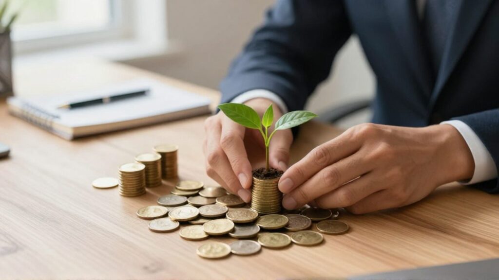 Manos de una persona cuidando una pequeña planta que crece sobre una pila de monedas de oro en un escritorio, simbolizando el crecimiento del ahorro.
