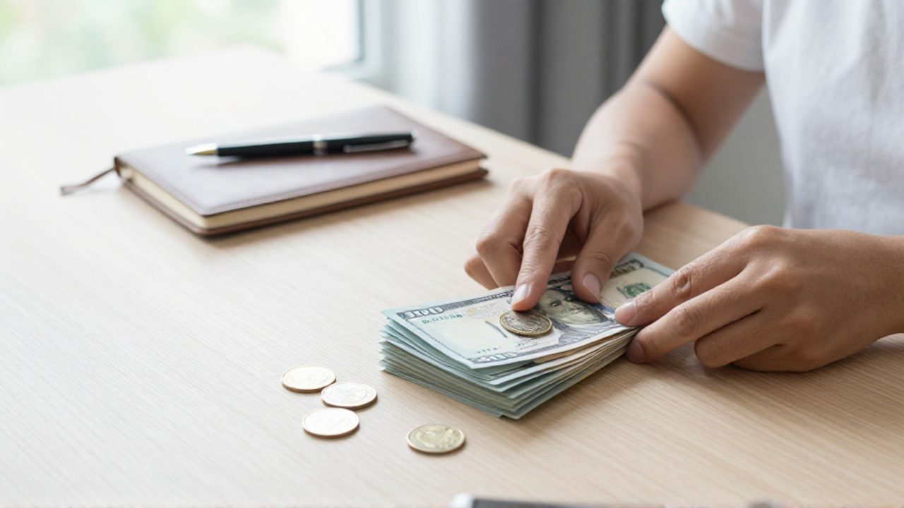 Manos sobre un escritorio de madera junto a un montón de billetes y monedas que se vuelven transparentes en los bordes para representar la pérdida de valor adquisitivo.