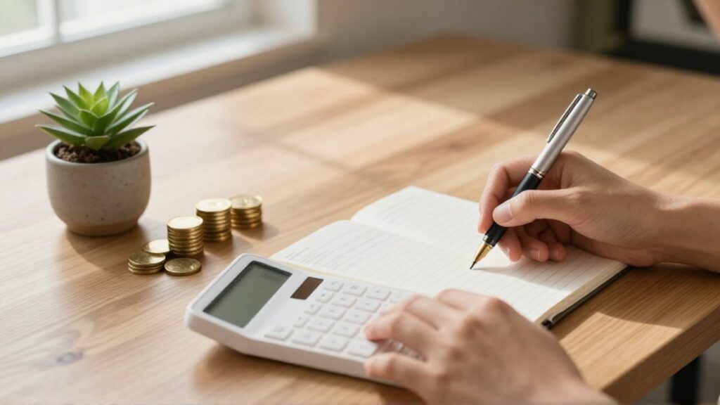 Manos organizando un presupuesto en un escritorio con una calculadora, una pequeña pila de monedas de oro y una planta verde.