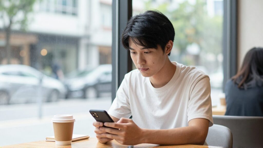 Joven reflexivo sentado en una cafetería con un café y un cuaderno, mirando con calma la pantalla de su smartphone.