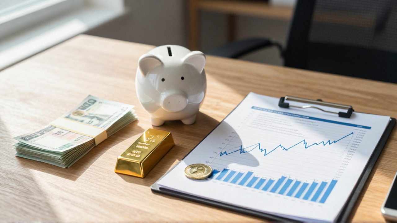 Diversos activos financieros, como lingotes de oro, billetes, una hucha y reportes de bolsa, organizados sobre un escritorio de madera para representar una cartera de inversión equilibrada.