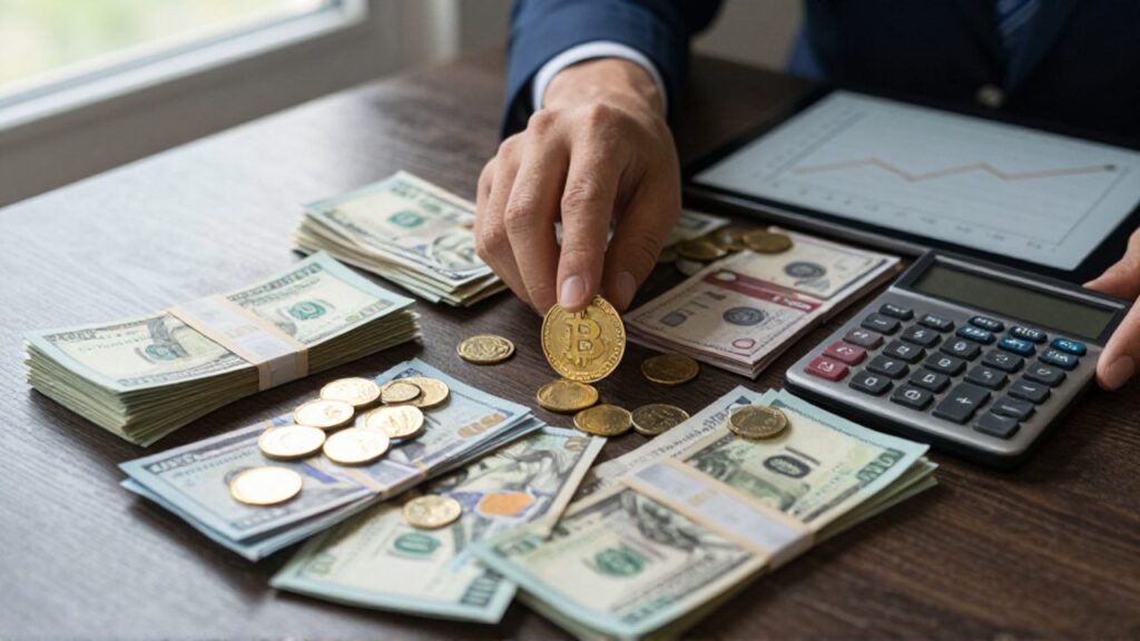 Manos organizando billetes, monedas de oro y una calculadora sobre un escritorio junto a una tableta con gráficos y una moneda de bitcoin.