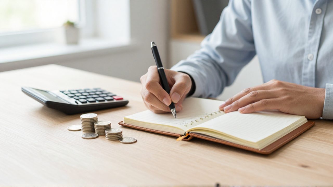 Una persona anota registros financieros en una agenda sobre un escritorio organizado, junto a una pequeña pila de monedas que simboliza el crecimiento constante.