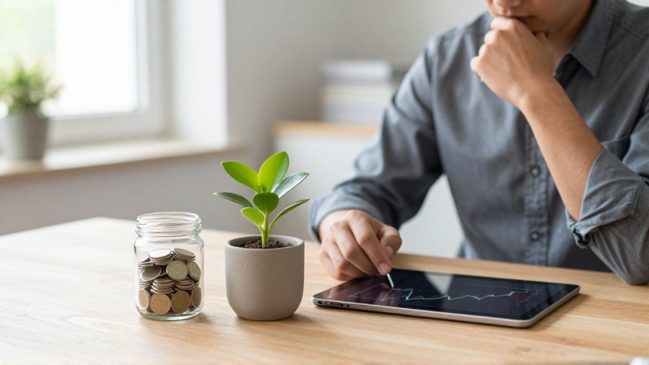 Persona frente a un escritorio comparando un bote con monedas que representa el ahorro con una planta y una gráfica de crecimiento que simbolizan la inversión.