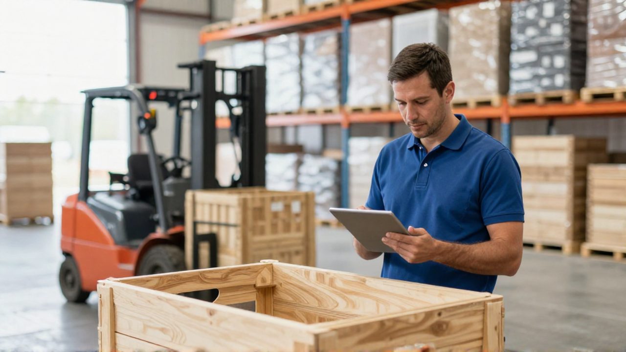 Un gestor de almacén supervisa el inventario con una tableta digital en un centro de distribución organizado.