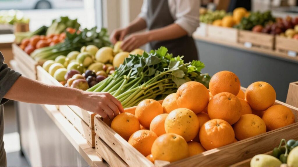 Un cliente selecciona frutas y verduras frescas en un puesto de un mercado al aire libre con abundante mercancía expuesta.