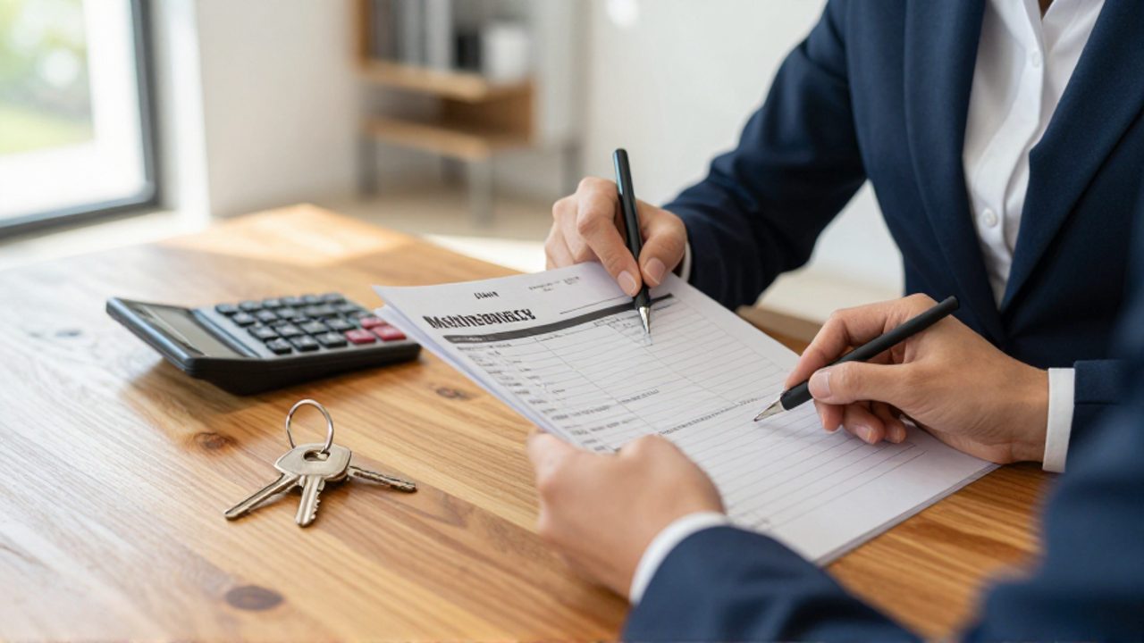Manos de un gestor inmobiliario revisando una lista de mantenimiento y unas llaves sobre una mesa, con el interior de un apartamento moderno al fondo.