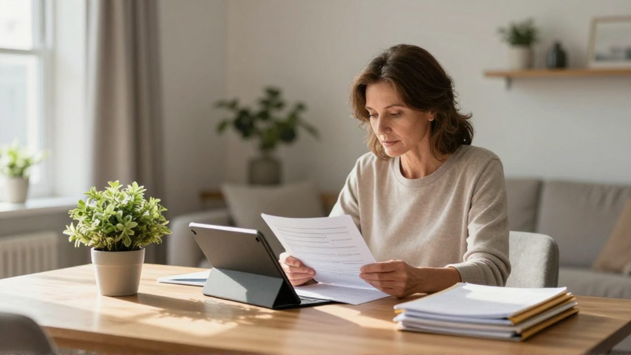 Mujer de mediana edad revisando documentos financieros y una tablet con calma en un entorno doméstico luminoso y organizado.