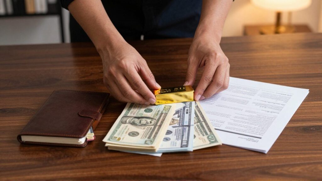 Manos organizando documentos financieros, un pequeño lingote de oro y bonos de ahorro sobre una mesa de madera.
