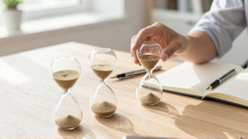 Manos organizando diversos relojes de arena sobre un escritorio de madera, simbolizando la gestión de distintos periodos de tiempo para la planificación financiera.