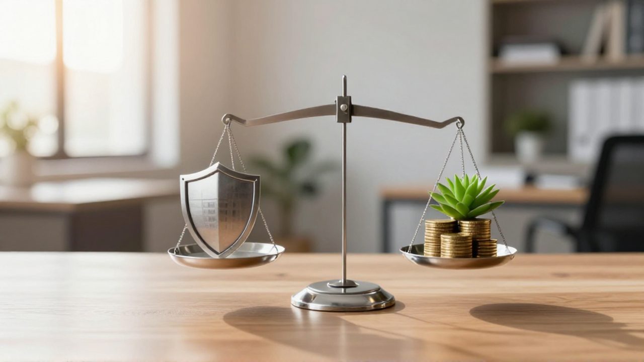 Una balanza sobre un escritorio comparando un escudo metálico que representa la protección con una pila de monedas de oro y una planta que simbolizan el crecimiento financiero.
